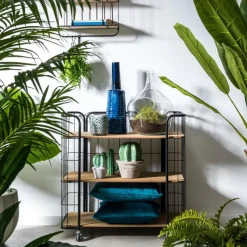 CASA OSLO Étagère Trolley 3 Tablettes Noir, Naturel